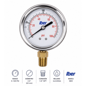 Manometro Con Glicerina 0-100psi 2.5" 1/4" NPT Iber