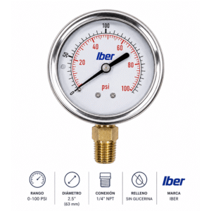 Manometro Sin Glicerina 0-100psi 2.5" 1/4" NPT Iber
